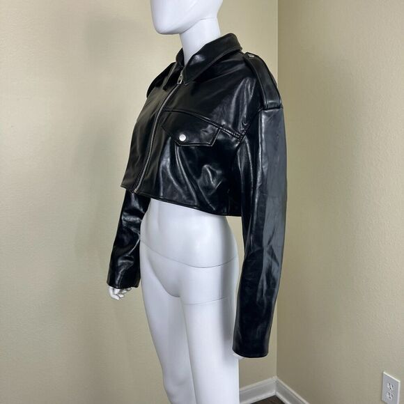 Zara Women's Size L Black Faux Leather Cropped NEW Jacket Boxy Blogger Moto Punk - Picture 9 of 17